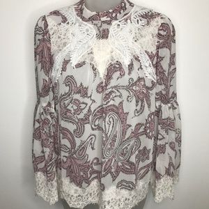 LOFT Size XS White Lace Bib Pink Paisley Printed Victorian Style Blouse